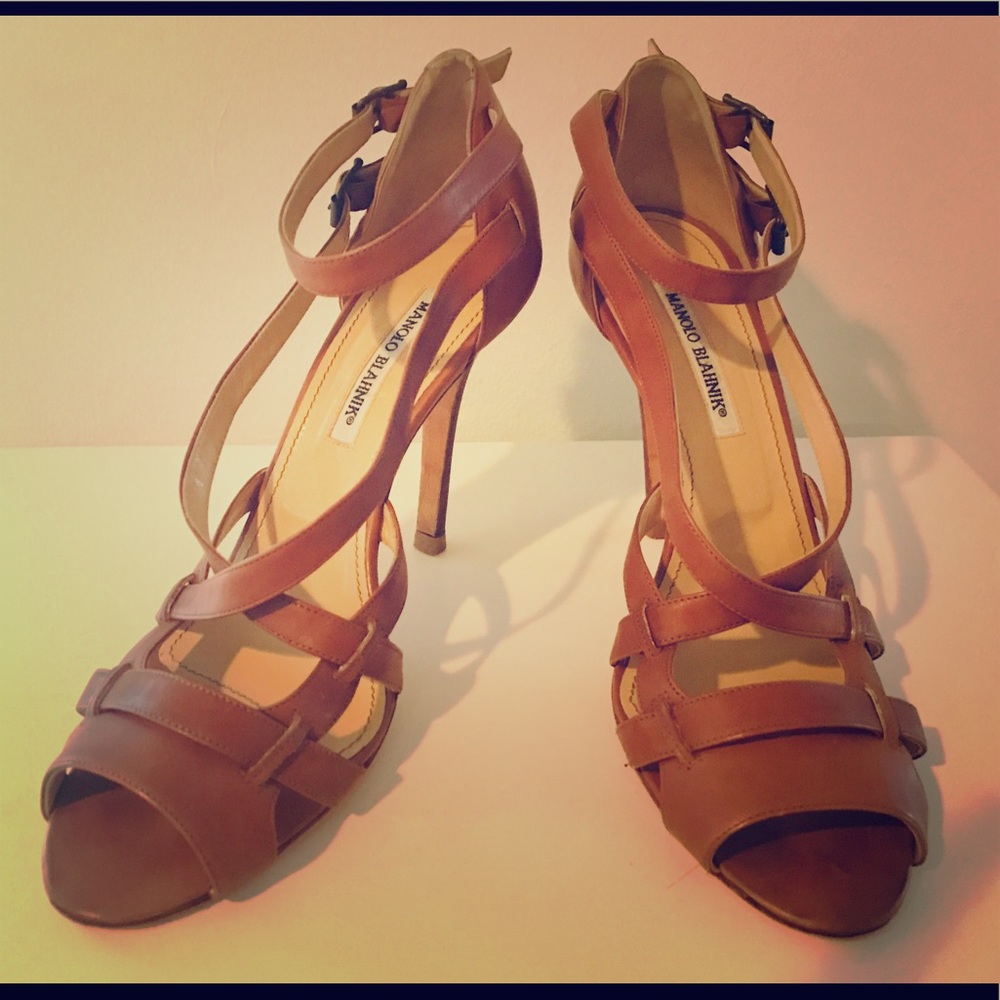 Manolo Blahnik Brown Leather Ankle Strap Sandals